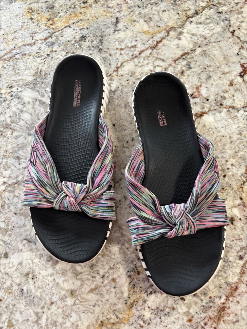 Skechers Women’s Multicolor Knot-Front Slide Sandals with Black Footbed